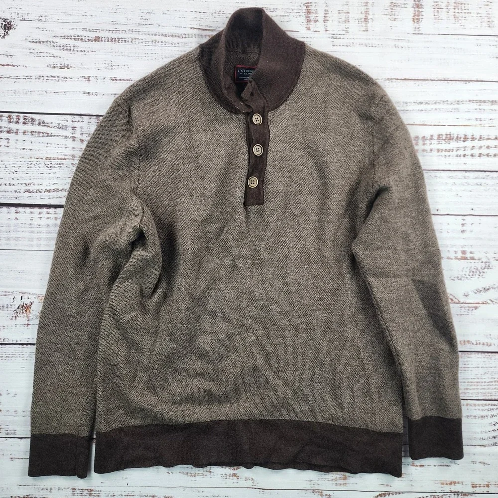 UNTUCKit Mens XL Brown Extra Fine Merino Wool Birdseye‎ Mock Neck Button Sweater